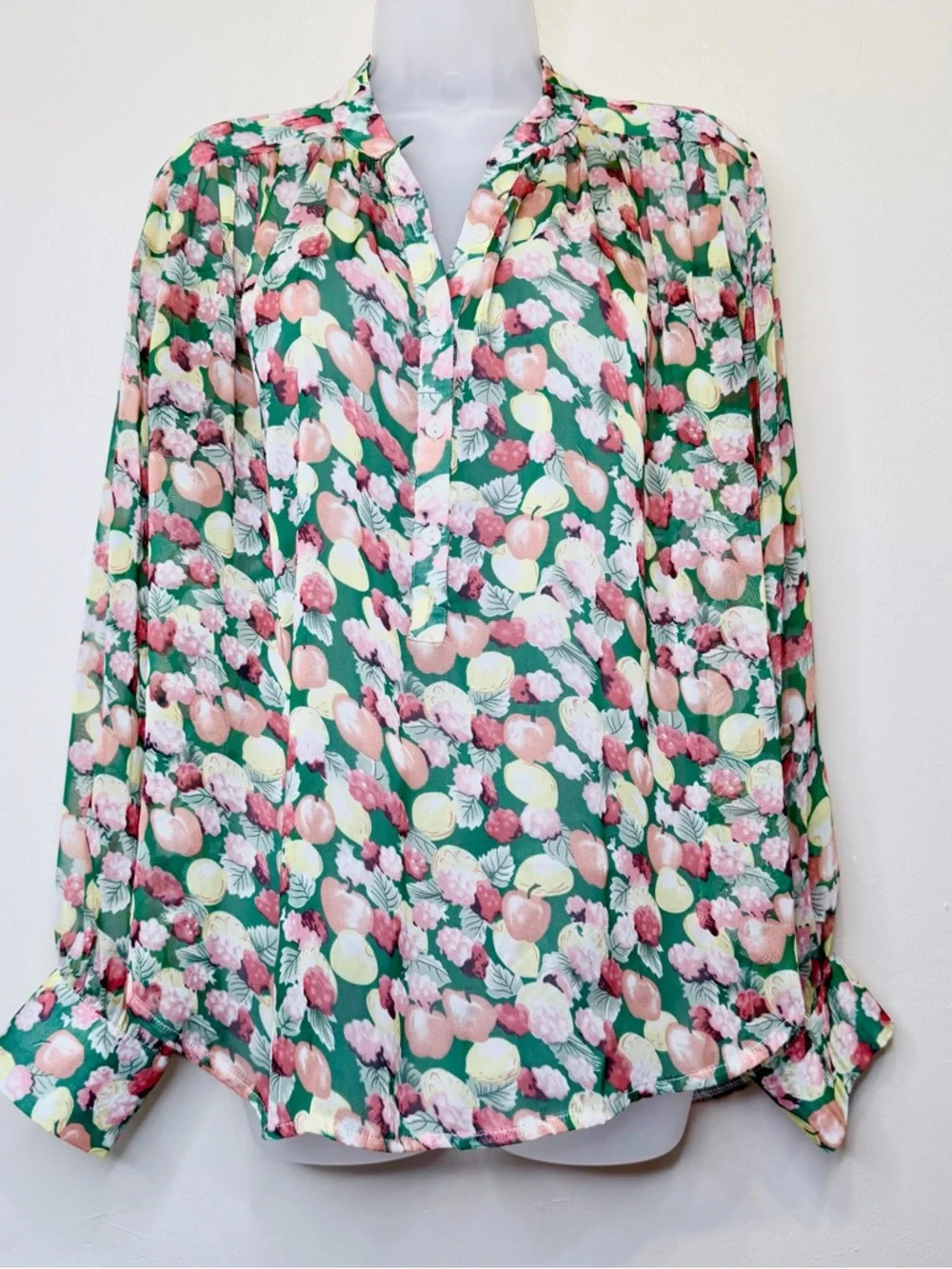 I.Madeline Sheer Fruit Pattern Button Front Long Sleeve Relaxed Oversized Blouse - Picture 2 of 14